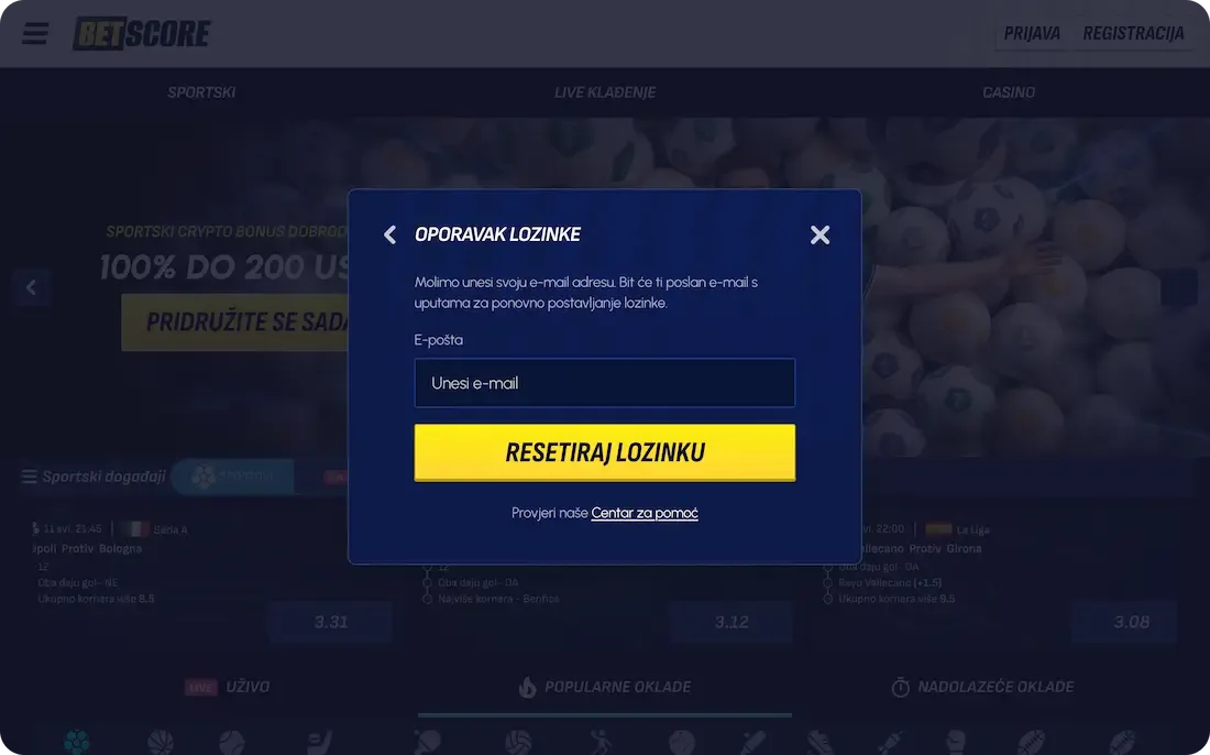 betscore casino zaboravljena lozinka