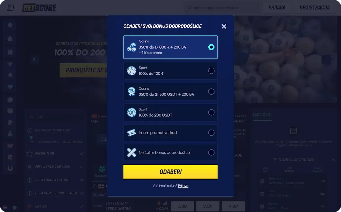 betscore casino bonus dobrodošlice